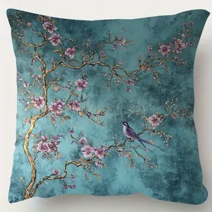 New Traditional Chinese Glaze Bird and Flower Pillow Cover, Invisible Zipper Single Side Print, Sofa Living Room Zen Atmosphere Cushion Case