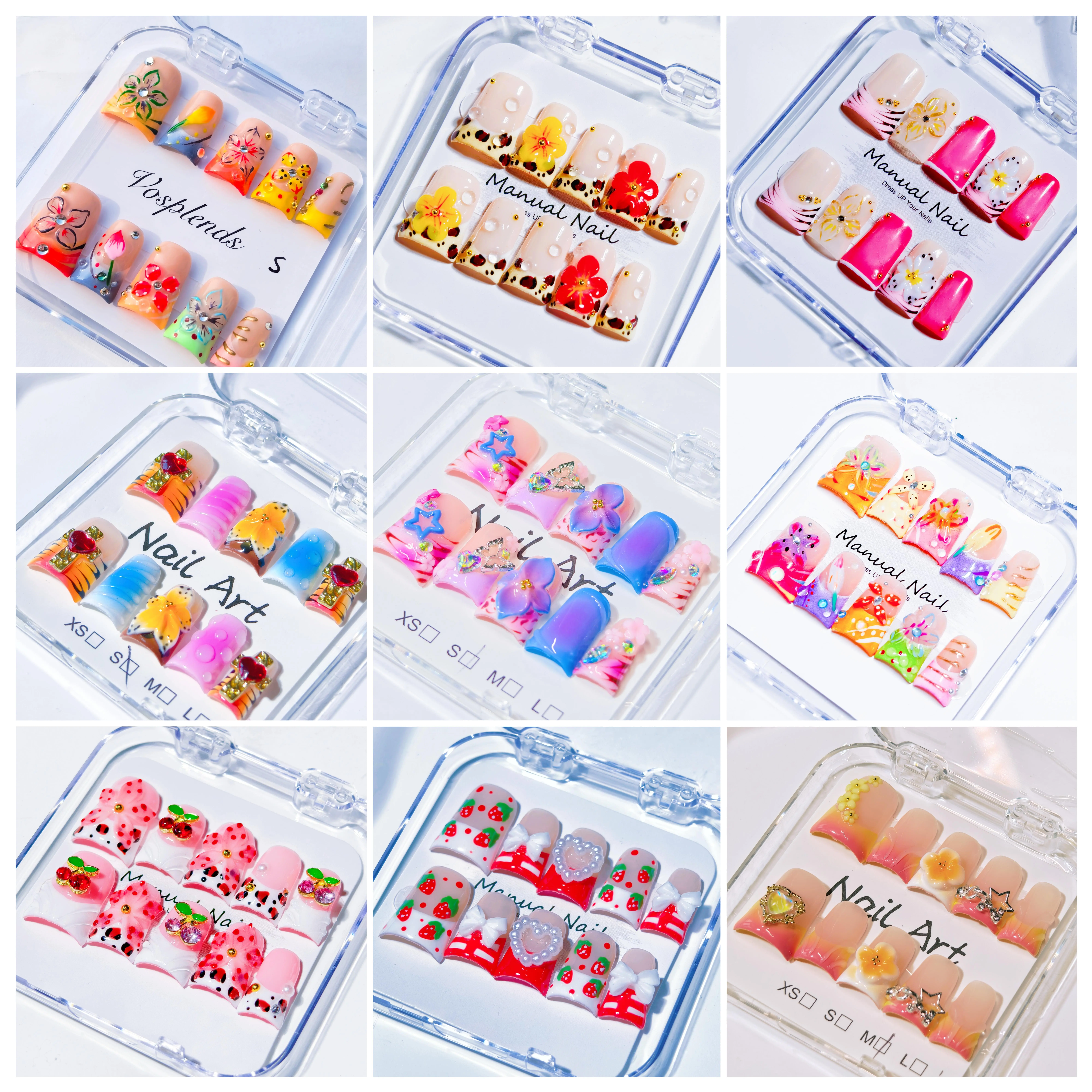 Vosplends Y2K Sweet Candy Floral Acrylic Press-On Nails 10pcs Handmade Short Oval Manicure Set Y2K Style Duckbill Square Nails, Handmade Press On False Nails,Full Color Design, Perfect for Parties, Includes Jelly Glue, Crystal Stick, Fipress on. nail