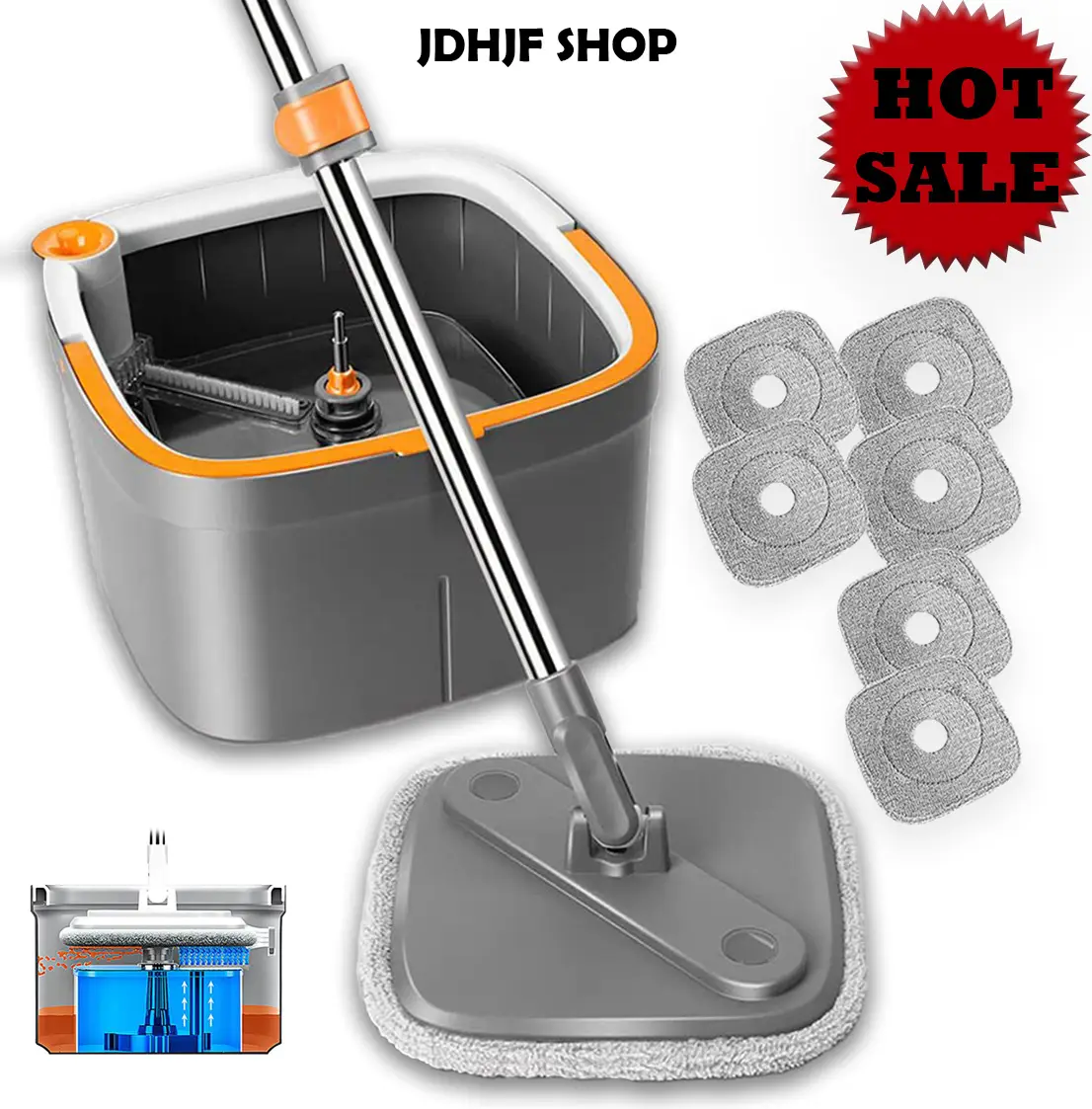 Square Spin Mop and Bucket Set, with Dirty&Clean Water Separation System,Self Wringing 360° Rotating Mop-Head With Turbo Flushing Bucket, Suitable for