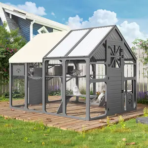Aobtkel®Extra Large Catio Outdoor Cat Enclosure, Walk-in Outdoor Pet House for Multiple Cats, Catio Cat Run Cage with Bridges,  PVC Roof, Weatherproof  Cover, 8 Platforms, 2 Resting Box, Grey#Summervibes