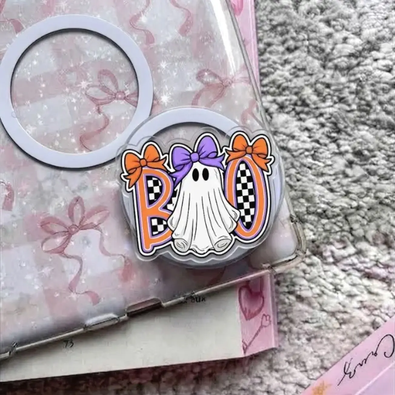 Boo Ghost Phone Grip, Cute Retro Checkerboard Spooky Little Boo Magnetic PopSocket, Halloween Phone Holder, Spooky Season Accessory