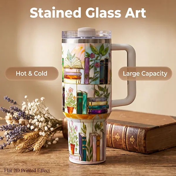 1PC 40oz Stained Glass Book Art Vacuum Flask, Vintage Insulated Stainless Steel Tumbler with Handle, Double Wall Insulation, 24H Cold/12H Hot Retention, No Sweat, Cup Holder-Compatible, Fall Drinkware, Book Lover Gift, Flasks, Travel Mug