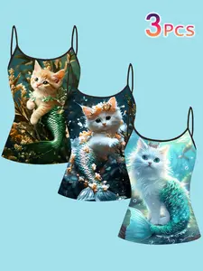 3-Piece Set Mermaid Cat Strapless Top, Dreamy Ocean Fairy Tale Thin Shoulder Blouse, Fantasy Sweet Print Sleeveless T-Shirt for Women, Summer Outerwear Innerwear