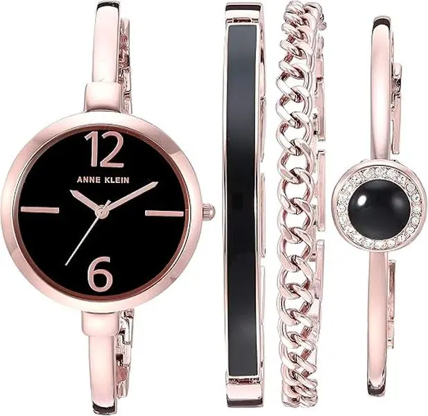 Women's Anne Klein Versatile Wristwatch Set - Rose Gold-Tone, Black Dial Bangle Watch (AK/3290BKST) with Clasp, Trendy, Modern, Fashionable Stylish Design