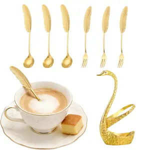 7PCS Dinnerware Sets Gold Swan Base with Feather Spoons & Forks, 304 Stainless Steel Dessert Cutlery, Aesthetic Tableware for Coffee, Cake, Home Decor & Hosting