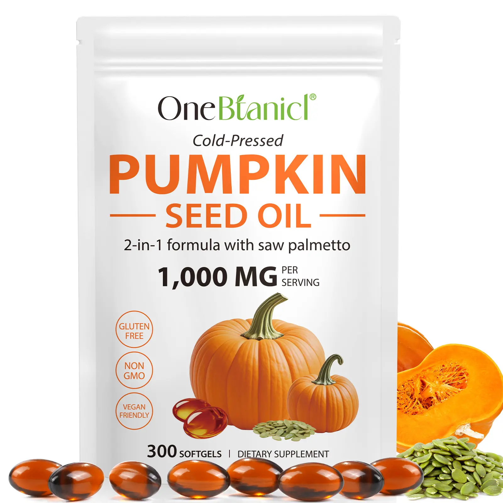 ONEBTANICL Pumpkin Seed Oil & Saw Palmetto Capsules - 300 Softgels for Hair Prostate Urinary & Bladder Health Support - Cold Pressed Formula - Non GMO Gluten Free Vegan Friendly