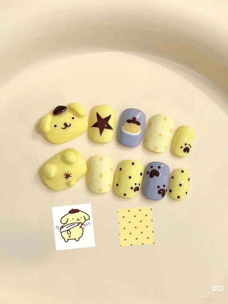 OPompompurinea Inspired Press On Nails | Handmade Kawaii Puppy 3D Bow Pastel Yellow Nail Art | Reusable False Nails with Nail Kit | Free Adhesive Tabs Nail File & Cuticle Stick
