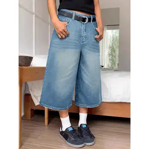 Grunge Punk Y2K Street New Vintage Straight Mid-Length Washed Pocket Seam Detail Cat Whiskered Bermuda Jeans Denim Jorts Casual Shorts Cropped Trousers With Pockets For Women, School Fit Pants Leg Fabric