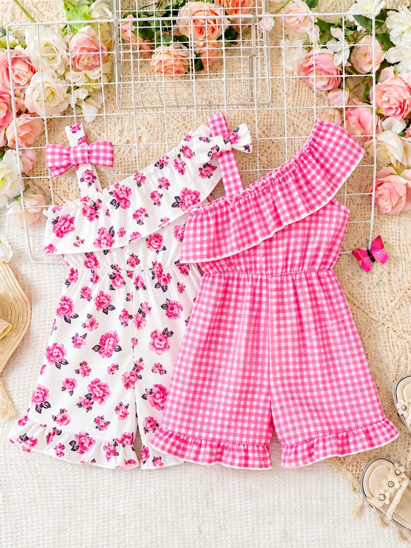 Two-Piece Girls' Fashion Romper Set, Summer Clothes Sets, Asymmetrical Shoulder Design, Summer Vibes, Tiktok Shop Must-Have, Mother's Day Sale, Summer Outfits Set