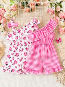 Two-Piece Girls' Fashion Romper Set, Summer Clothing Set, Asymmetrical Shoulder Design, Summer Vibes, Tiktok Shop Must-Have, Mother's Day Sale