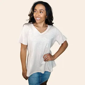 I Don't Have to Choose V-Neck Tee in Oatmeal 100% Cotton Short Sleeve Casual Top for Women Woven Banded V-Neckline True to Size Fabric Fit Lightweight Summer Outfit