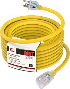 50 Ft 14/3 Lighted Outdoor Extension Cord - 14 Gauge SJTW Heavy Duty Yellow Extension  with 3 Prong Grounded Plug,  for Lawn, Garden, Appliances