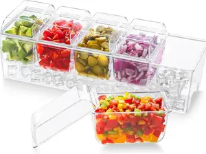 Ice Chilled Condiment Caddy with 5 Containers | Party Serving Tray with Lids & Removable Bowls for Sauces, Fruits, Salads, Tacos & Garnishes Bar Accessory for Outdoor BBQ & Events (39x13cm)