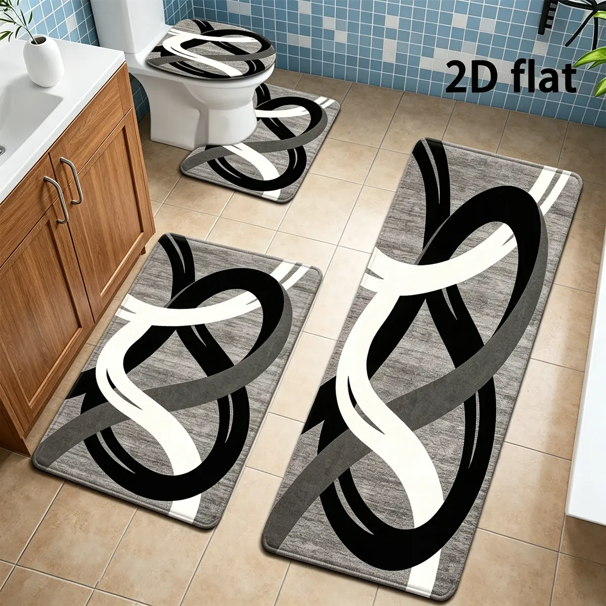 4-Piece Art-Inspired Antidrift Dark-Colored Bathroom Rug Set - Non-Slip, Absorbent, Washable Black White Grey Mats with U-Shaped Contour Toilet Mat & Toilet Seat Cover for Bathroom Decor, Antidrift Bath Mats, Art-Inspired Bath Mats