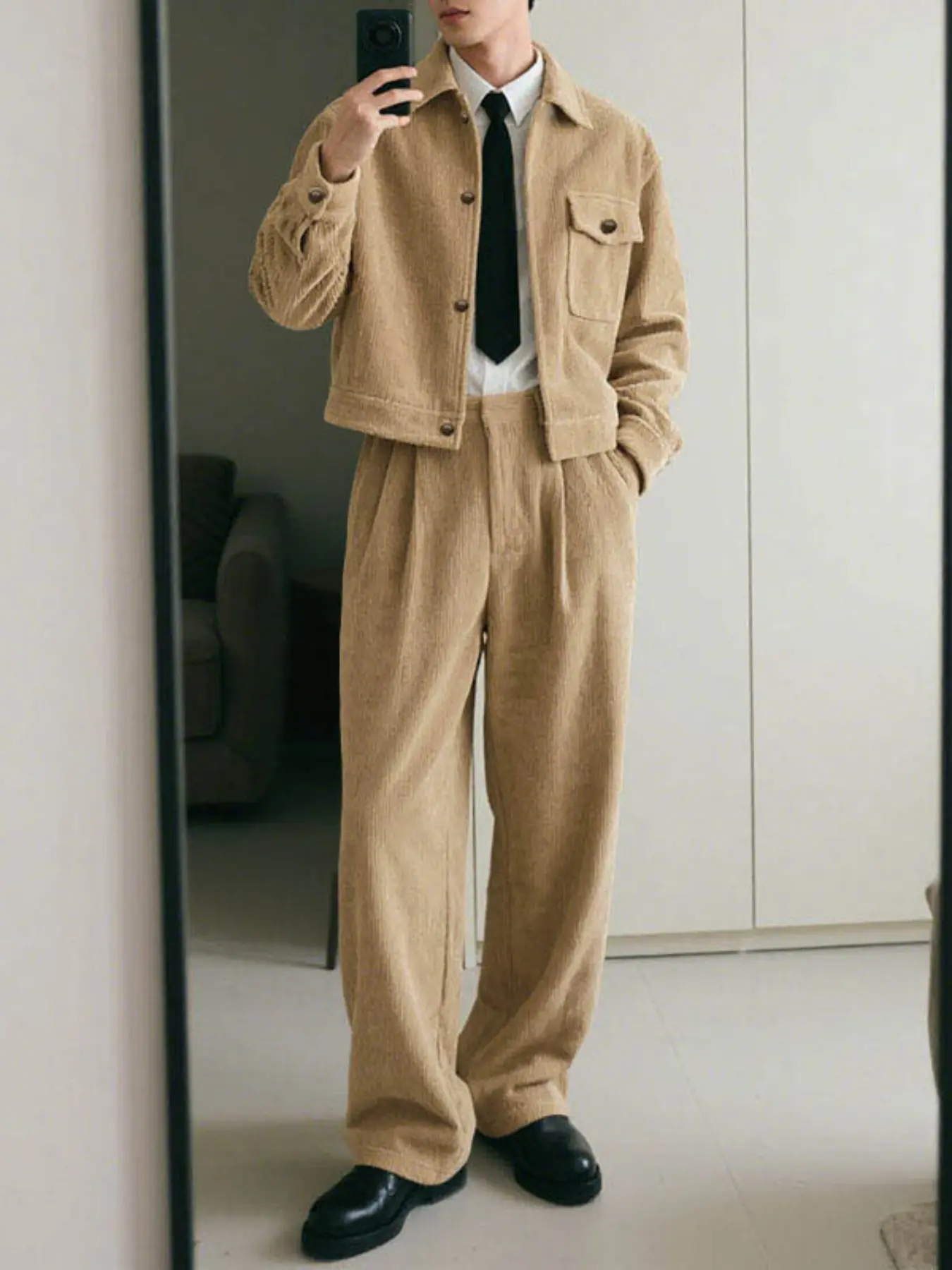 INCERUN Men's Corduroy Fabric Long Sleeve Solid Color Jacket + Pants Casual Two-Piece Set Suits, Menswear, Spring & Fall Daily Wear, Comfortable and Stylish Clothes
