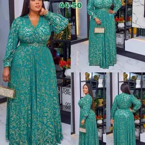 Long dress   Comfortwith goldnish flowers long sleeve Floral Vneck Summer Womenswear size 44 or large ,xl