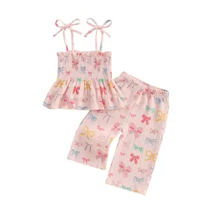 Toddler Girl Summer Outfits Bow/Bird Print Tie-Up Spaghetti Strap Sleeveless Tank Tops Wide-Leg Pants 2Pcs Set