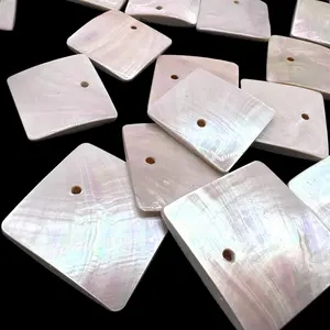 Silvery-White Nautilus Shell Bead Pendant - Thickest Nacre with Organic Iridescent Matrix - Gem Quality Grade AAA (Among the Rarest & Most Valuable Seashells in The World) Exquisite Craftsmanship - Reversible - Smooth Square - Matching Pair - 2 Pieces