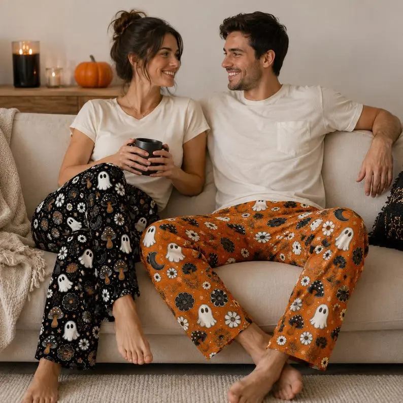 Matching Halloween Pajama Pants, Ghost Mushroom Sleepwear, Couple Lounge Pants, Cozy Fall Pajamas, Spooky Season Gift
