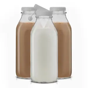 JoyJolt Reusable Glass Milk Bottle Set with Lid & Pourer