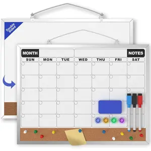 Monthly Calendar Dry Erase Board 16x12 Inch, Double-Sided Whiteboard and Corkboard Combo, Wall Mounted Planner Organizer with Markers, , Push Pins, Eraser, for  Office School