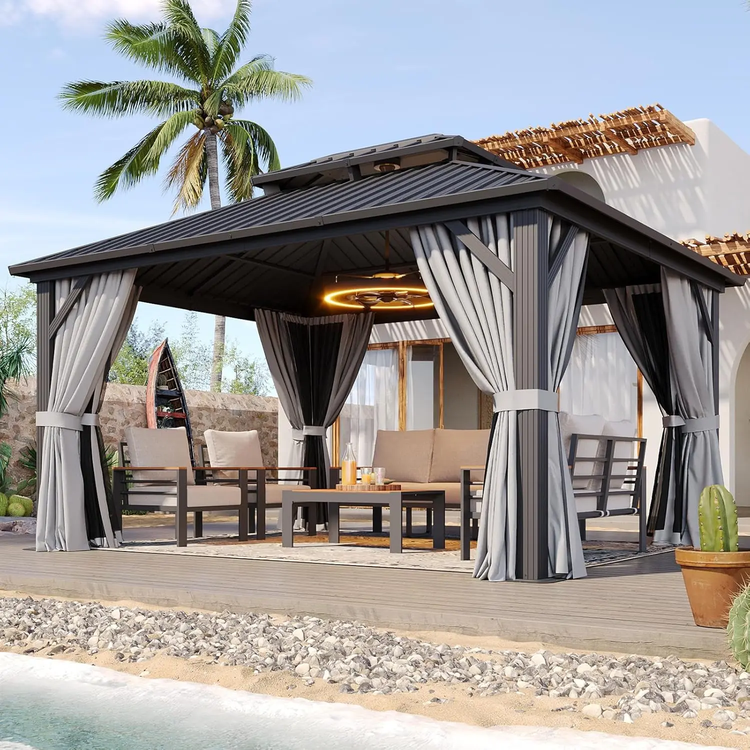 Aoxun Sturdy 10x12 Aluminum (Aluminium) Frame Hardtop Gazebo, Double Galvanized Steel Roof, Breathable Netting, Privacy Curtain for Outdoor Patio, Backyard Use with Sun Protection, Added Privacy (2-3 Packages Shipping)
