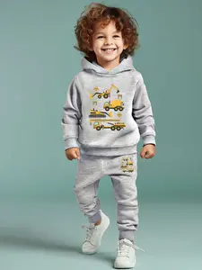 Boys' Casual Fashion Hooded Sweatshirt & Sweatpants Set, Cartoon Letter Print Construction Themes Playful Graphic Long Sleeve, Comfortable Two-Piece Clothing for Kids, Fall outfit
