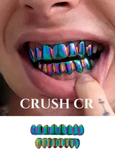 CRUSH CR Iridescent Holographic Top Bottom Teeth Grillz Set for Men Women, High-Gloss Mirror Finish, Hypoallergenic Removable Full Mouth Grillz, Perfect for Hip Hop Concerts, Music Festivals, Rave Outfits, Club Nights Cyberpunk Street Style