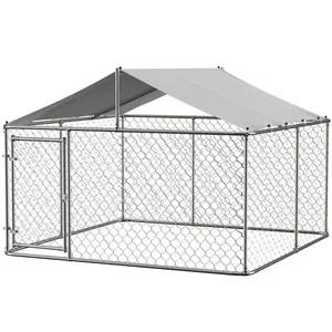 Large Outdoor Dog Kennel, Heavy Duty Galvanized Steel Dog Enclosure with Waterproof UV-Resistant Cover, Lockable Door Chain Link Playpen for Small to Large Pets (118" L x 118" W x 71" H)