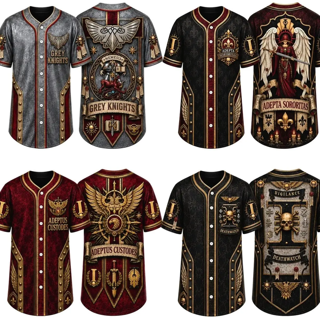 Warhammer 40K Imperium of Man Faction Baseball Jerseys - Choose Grey Knights, Adepta Sororitas Sisters of Battle, Adeptus Custodes, or Deathwatch - Epic Grimdark Button-Down Shirts for Tabletop Gamers 0MB