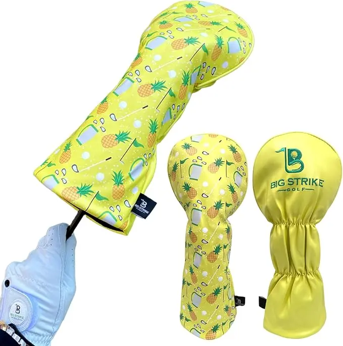 Faux Leather Golf Driver Headcover, Youth Golf Enthusiasts' 14.5"x6.5" Yellow Big Strike Pineapple Pattern Cover with Soft Liner, Snug Fit, Playful Look, Durable Protection
