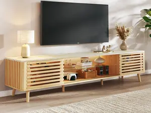 70" Mid Century Modern TV Stand for 65 75 80 Inch TV, Faux Marble Top Entertainment Center with Slatied Sliding Door & LED Lights, Low TV Console with Glass Shelves for Bedroom, Living Room