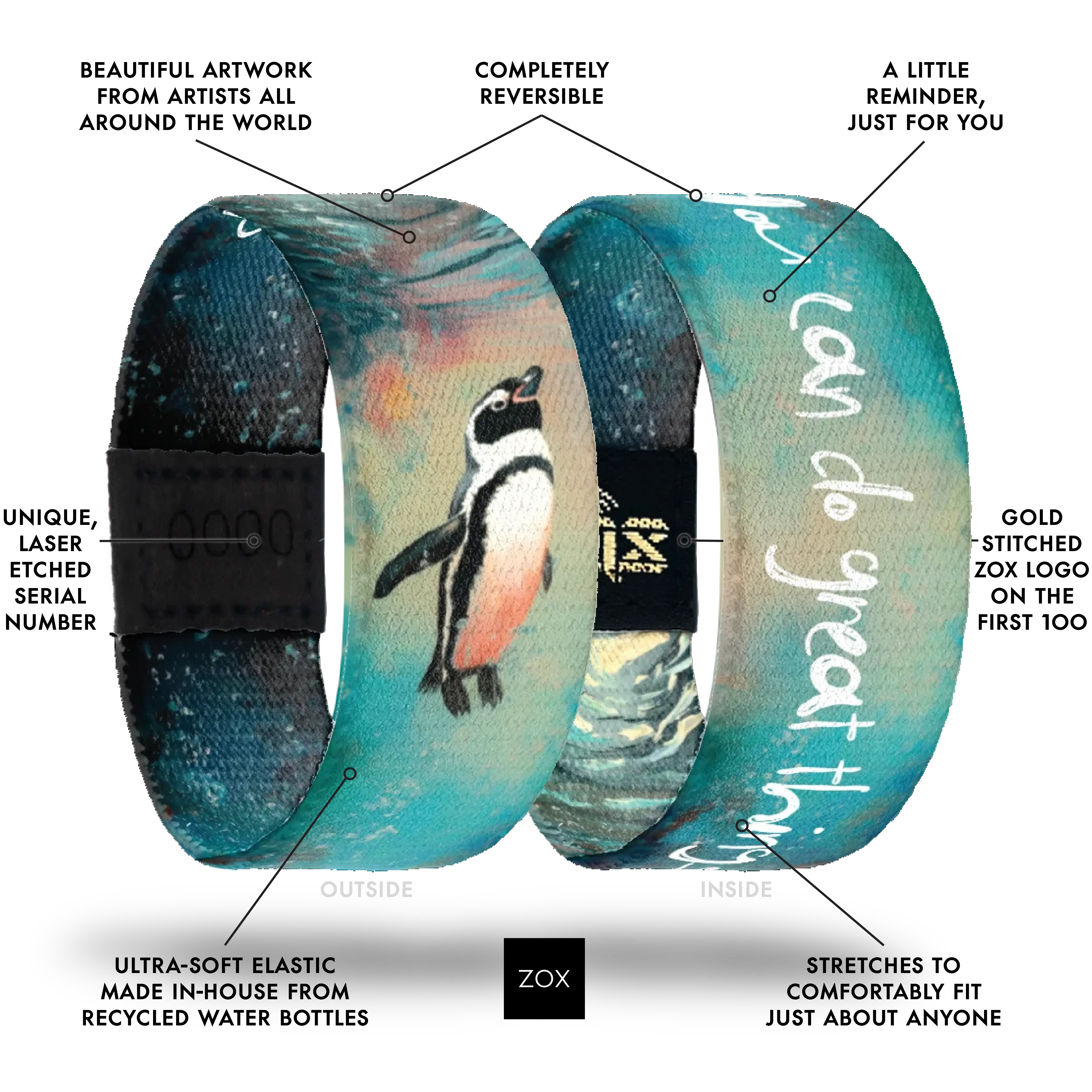 Penguin Bracelet NFC Daily Inspirational Affirmation Bracelet for Women & Men, New Message Every Tap, Choose Your Topic, Waterproof Reversible Recycled