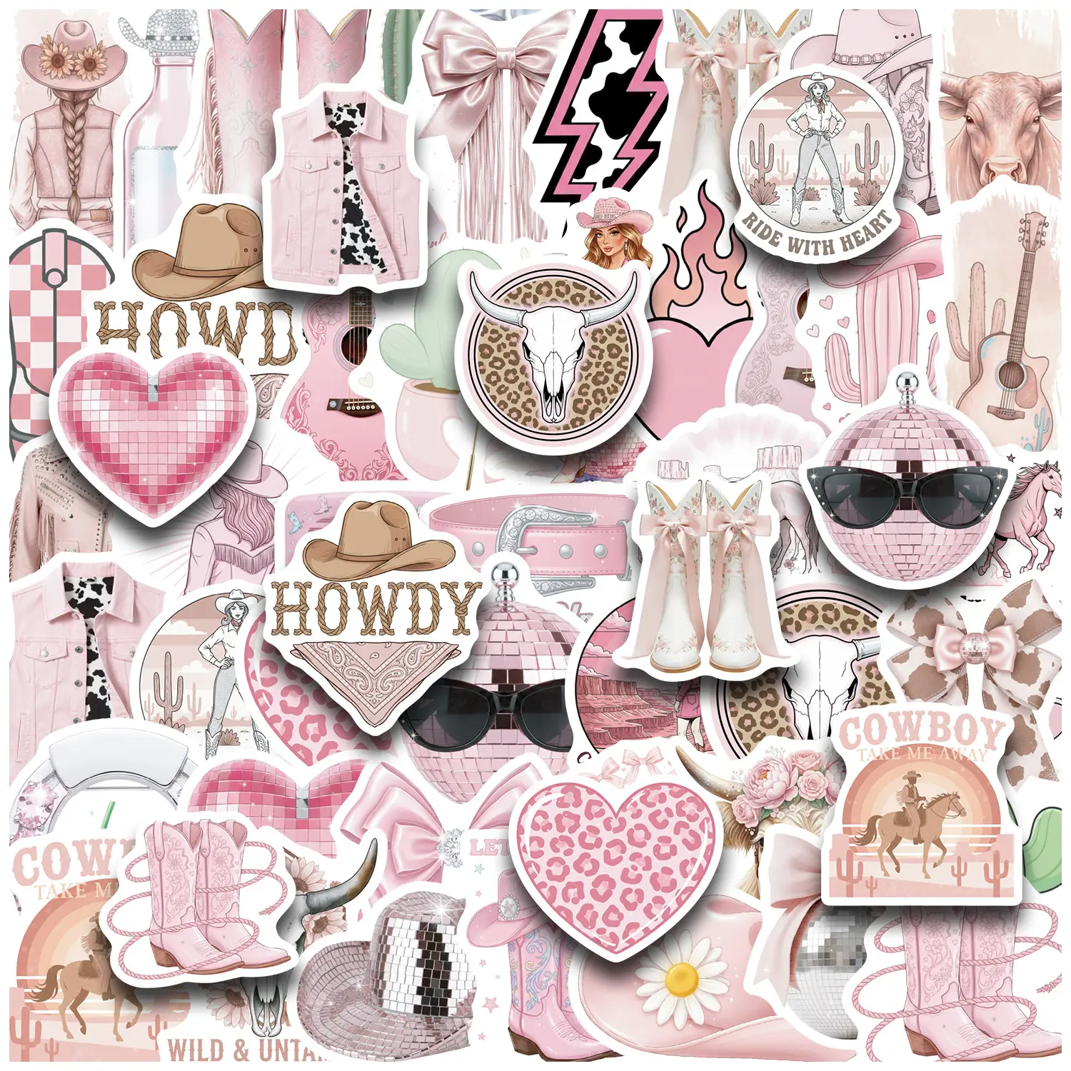 50 Pink Disco Cowgirl Graffiti Stickers, Graphic Decal, Sticker Decals, Suitable for Scrapbooks, Diaries, Laptops, Water Bottles, Cars, and Other Faith-based Designs—gifts with Positive Messages.