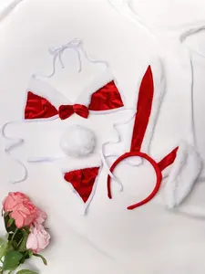 Sexy Bunny Costume Lingerie Set - Plush Pink Front Bow Tie Bra & Panties with Ears, Soft Faux Fur Trim, Adjustable Straps & Matching Headband