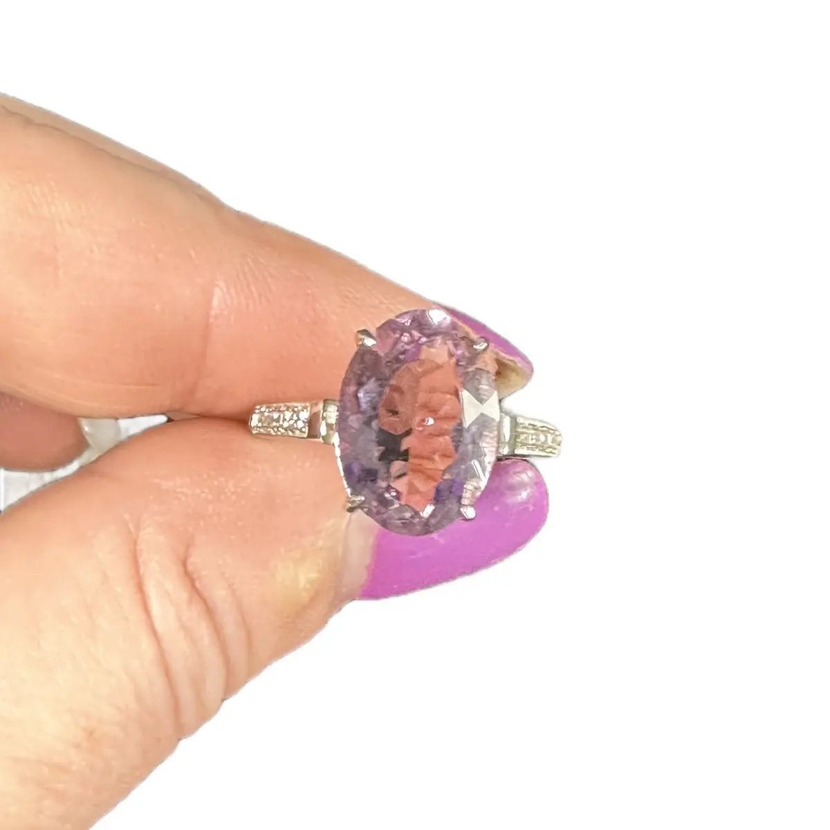 Large Oval Faceted Amethyst S925 silver adjustable ring