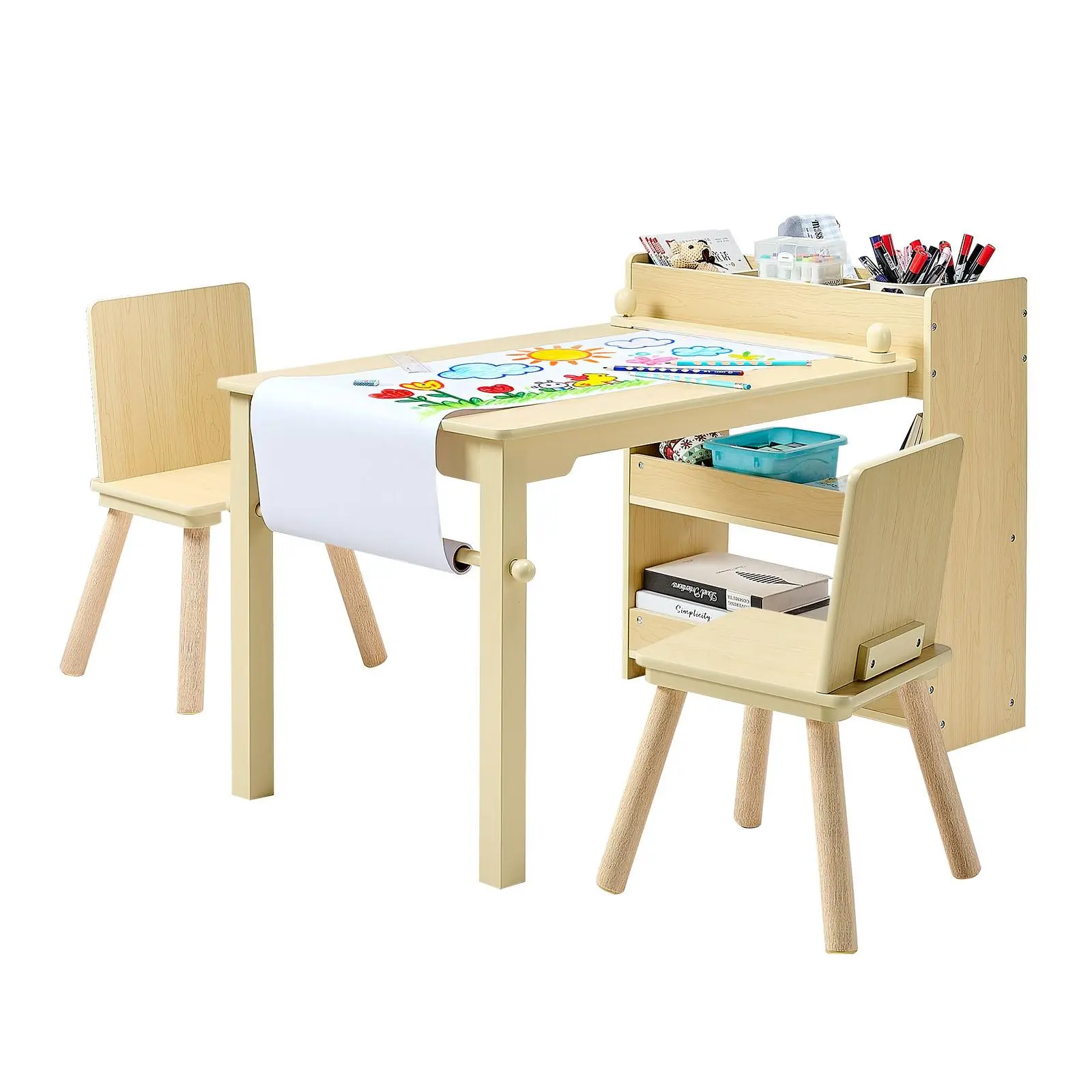 VEVOR Child-Sized Sturdy Wooden Rectangle Kids Desk Set with 2 Chairs, Waterproof Surface, 3-Tier Storage Areas, Rounded Edge Safe Design, 110lbs Capacity, Ideal for Children’s Reading & Learning at Home, Light Wood