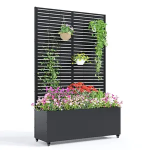 Galvanized Metal Planter Box with Trellis, 47"X16"X71" Raised Garden Bed (with Wheels), Privacy Screen for Climbing Plants, Veggies & Vines, Patio Planter with Drainage Holes, 16" Deep,Horizontal stripes