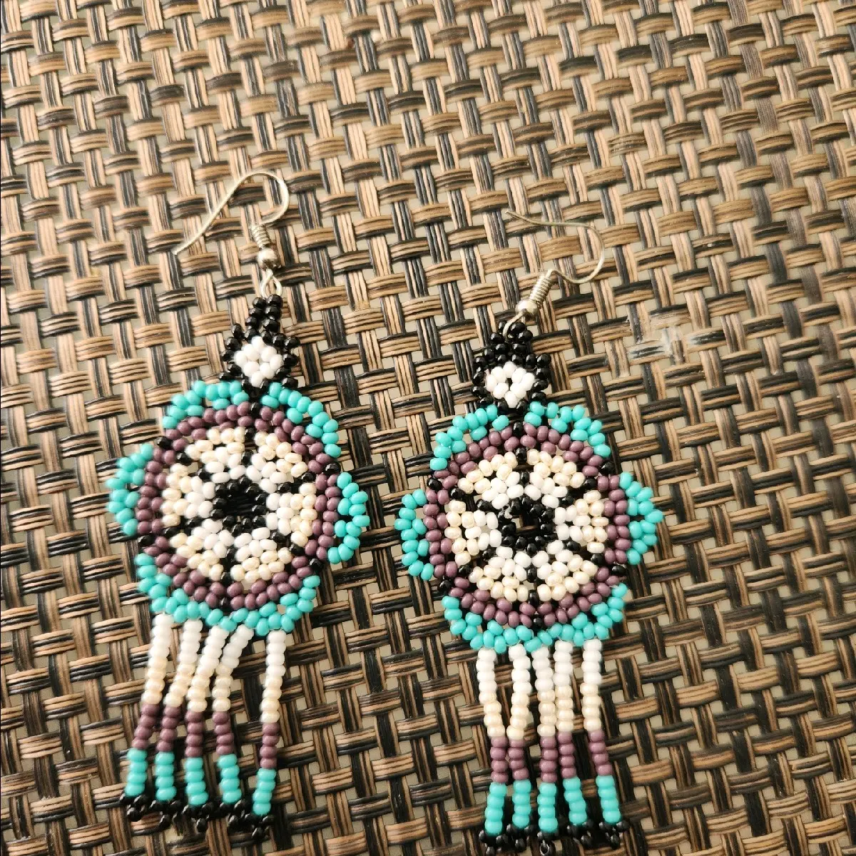 Unique Mexican Flower Beaded Dangle Earrings/Multicolored/ Chaquira