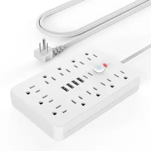 17 in 1 Flat Plug Surge Protector Power Strip, 11 Multiple AC Outlets with 6 USB Ports, One Touch Switch Button Compact Power Strip