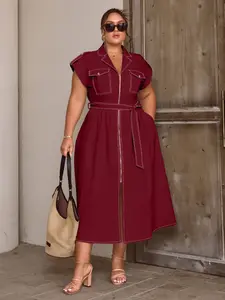 Plus Size Dress with Stand Collar Front Zipper Design, Waist Belt Pockets, Sleeveless Casual Fashion Commuter Dress