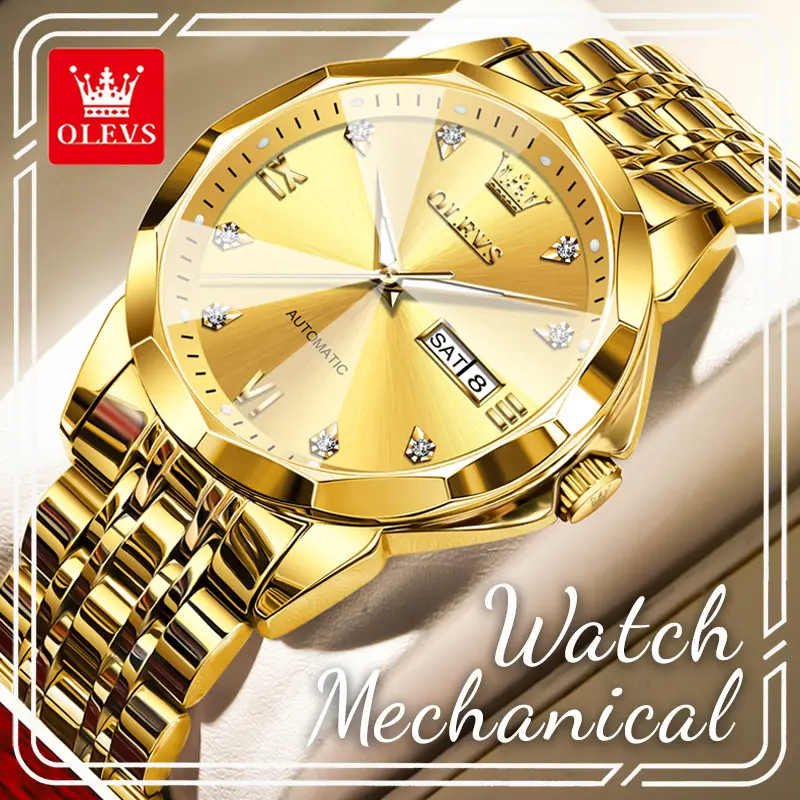 OLEVS 9982 Authentic Men's Self-Winding Mechanical Wristwatch, Sunburst Dial Inlaid Rhinestone Crystal Hour Markers, Dual Day & Date Display, Luminous Hands, 3ATM Daily Splash Resistant Formal Casual Watch, Ideal Birthday Anniversary Gift For Him