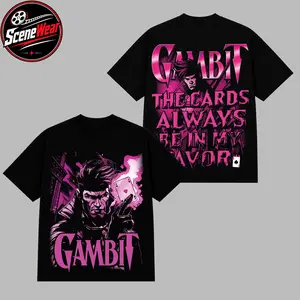 Gambit Black Premium Cotton T-Shirt, Pink Playing Card Hero Graphic Tee, Front & Back Comic Style Shirt, Retro Superhero Streetwear Tee, Oversized Unisex Gift For Fans