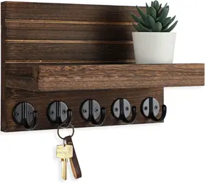 Key Holder for Wall, Decorative Key and Mail Holder with Shelf Has Large Key Hooks for Bags, Coats – Paulownia Wood Key Hanger with Mounting Hardware (9.8”W x 6.7”H x 4.2”D) (Brown)