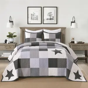 3 Pcs 100% Cotton Modern Star Pattern Checkered Quilt Bedspread Set - Flat Weave Design in Gray White Black - Queen Size - Reversible & Durable