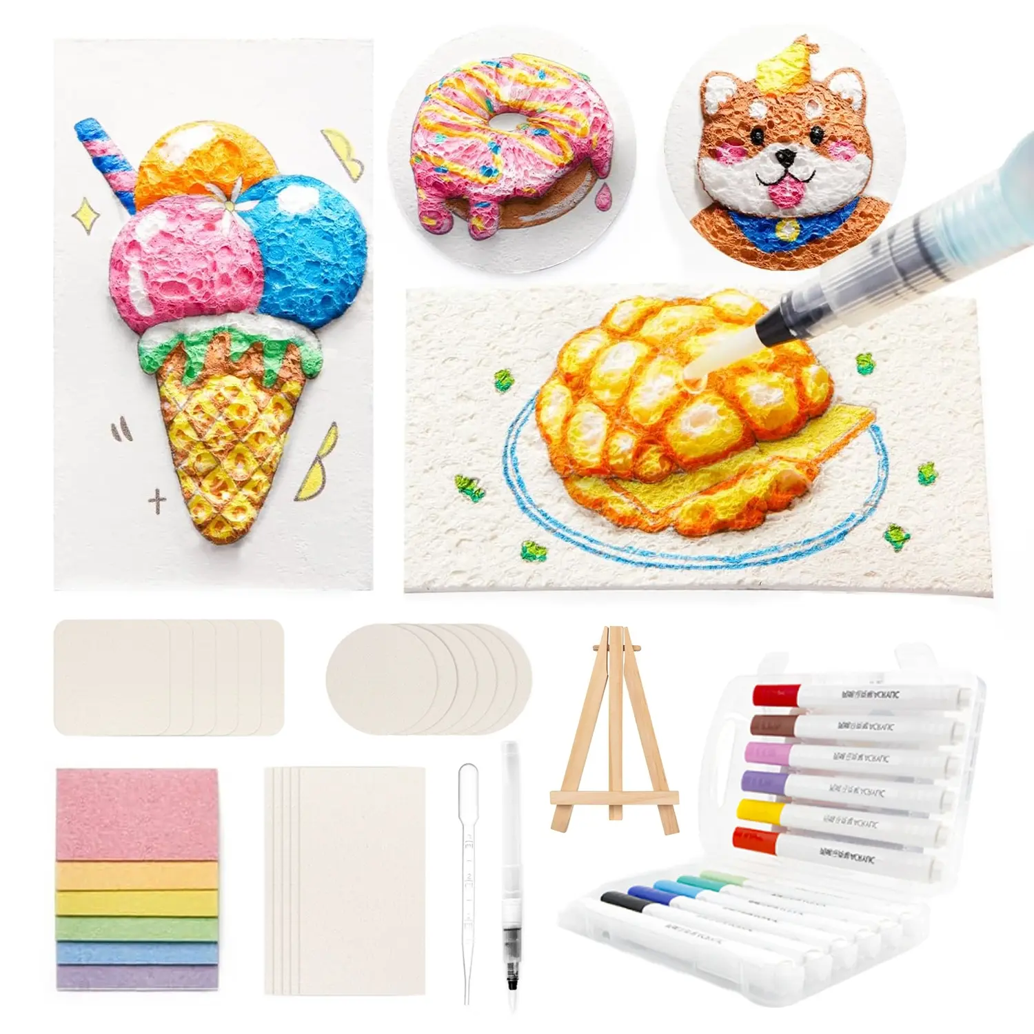 36 Piece Magic Compression Foam Texture Painting Kit, Craft Kit, Includes 21 Foam Paper Sheets, 12 Color Acrylic Paint Pens Markers, Fun Gift Idea, Art Kits