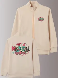 Nurse Print Zipper Jacket with Stand Collar, Long Sleeve, Pockets, Polyester Blend, Casual Fall & Winter Outerwear Coat