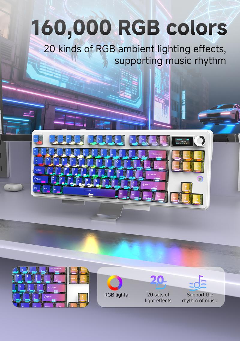 Ajazz MK87 PRO Wireless Gaming Mechanical Keyboard, Wireless/Wired/Bluetooth, ideal for gaming, computing, and office use, gaming setup,compatible with Windows/Mac/PC.