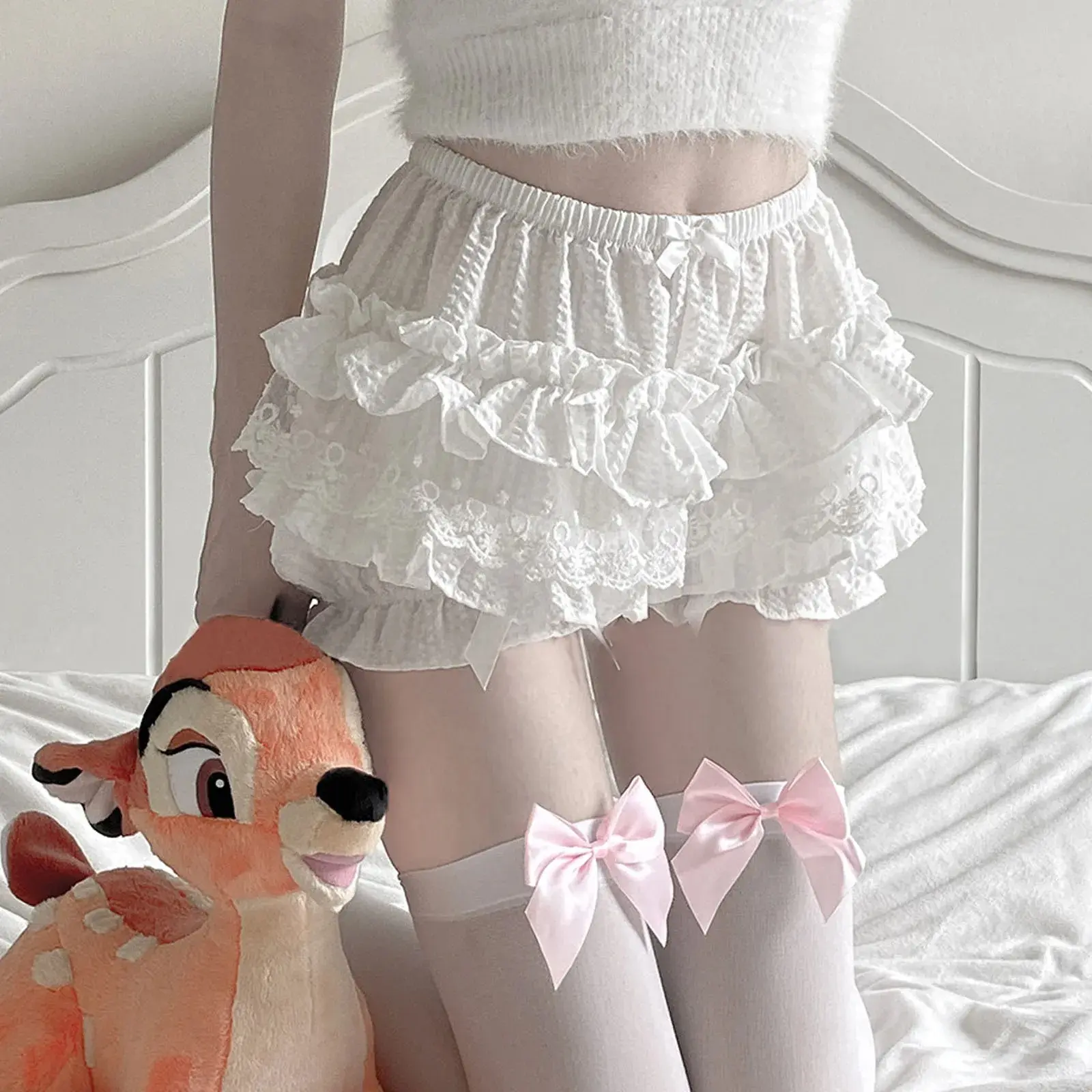 Black White Lolita Short Ruffle Knickers Women Girls Kawaii Pumpkin Panties Cute Lace Bowknot Bloomers Safety Short Pants