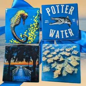 Reel Deal 4x4 Inch Ceramic Coasters - Set of 4 for Kitchen Tableware in Gift Box Coffee Stylish